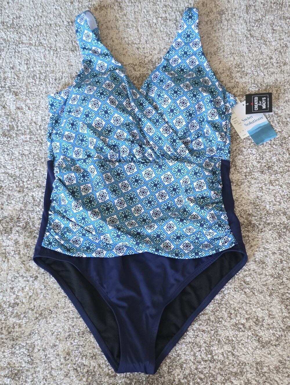 NWT Swim Solutions Blue One Piece Bathing Suit Tummy Control Bust Support Sz 14